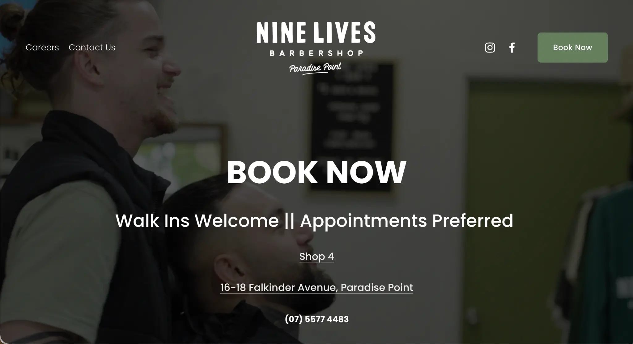 Nine Lives Barbershop website homepage